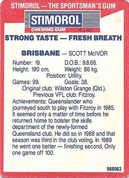1990 AFL Scanlens Stimorol #117 Scott McIvor Back